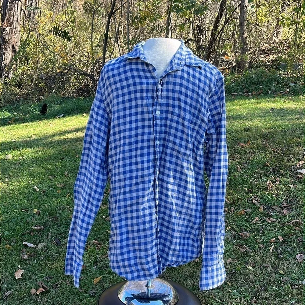 J.Crew checkered, slim button down long sleeve shirt blue/gray,100% linen,medium